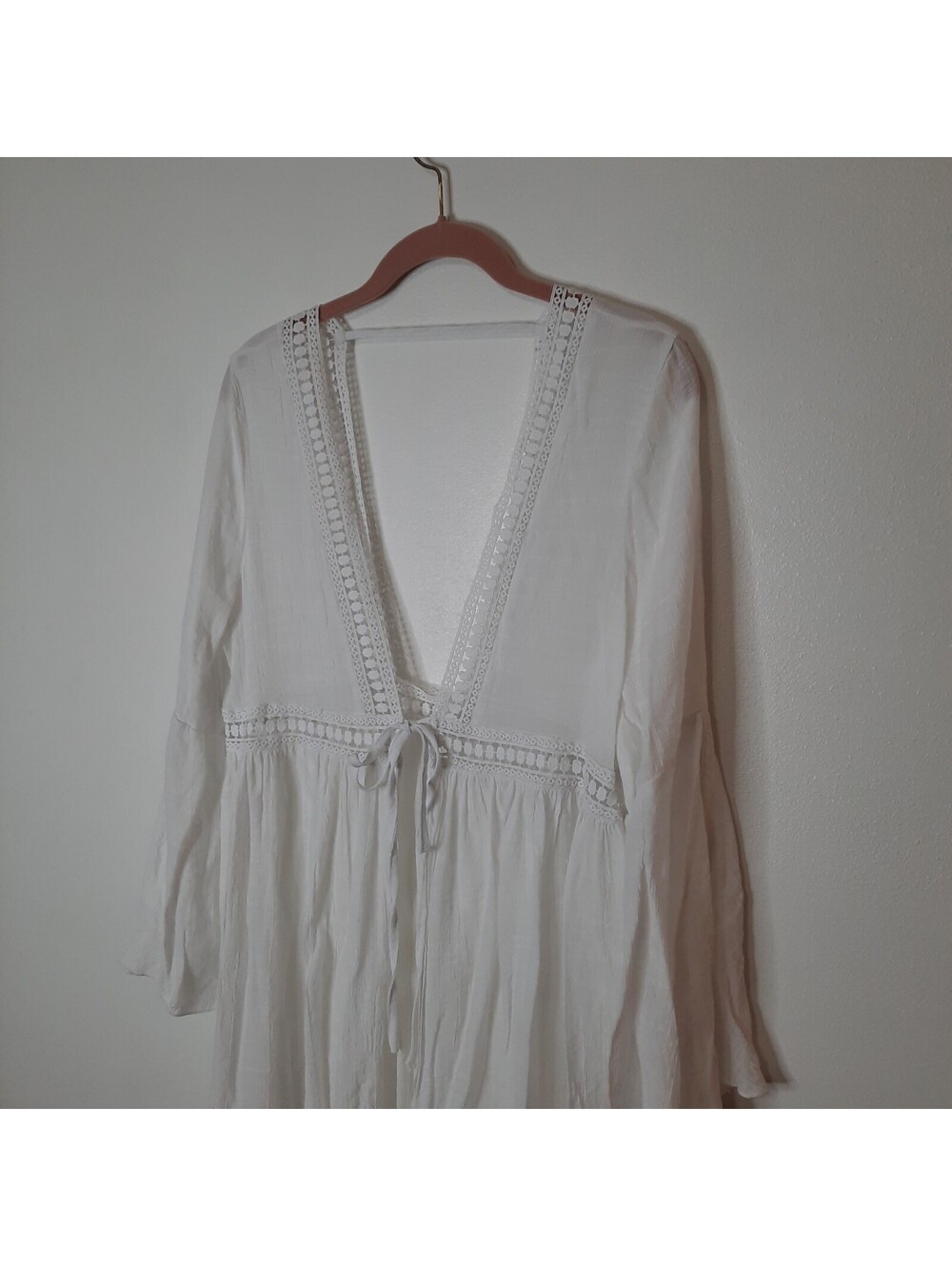 CUPSHE White Crinkle Gauze Tie Front Beach Cover Up Women Swim Long Sleeve OS